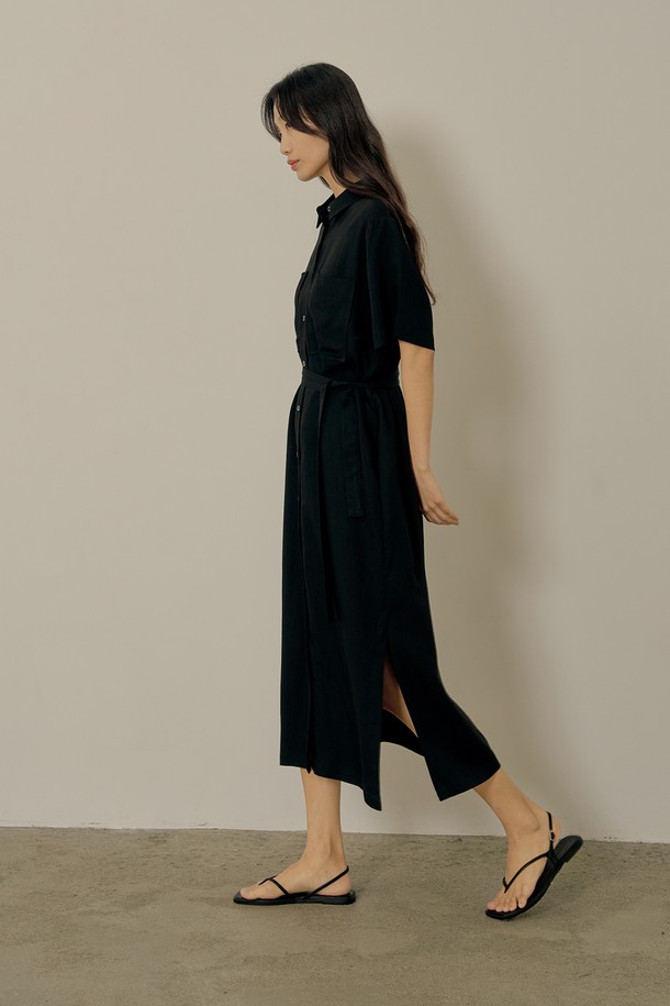 NEBELEVERYWEAR - 반소매 원피스 - Classic poket shirt dress_black