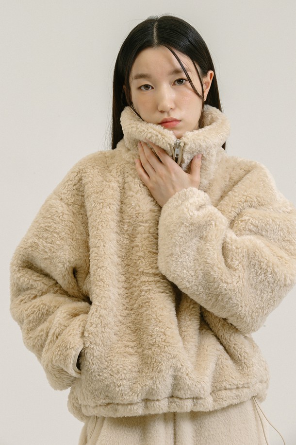 NEBELEVERYWEAR - 긴팔티셔츠 / 후디 - Shearling Crop Zip Up_Light Beige