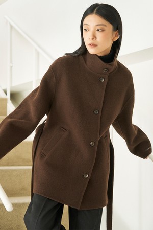 High Neck Half Handmade Coat_Brown