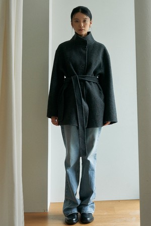 High Neck Half Handmade Coat_Charcoal