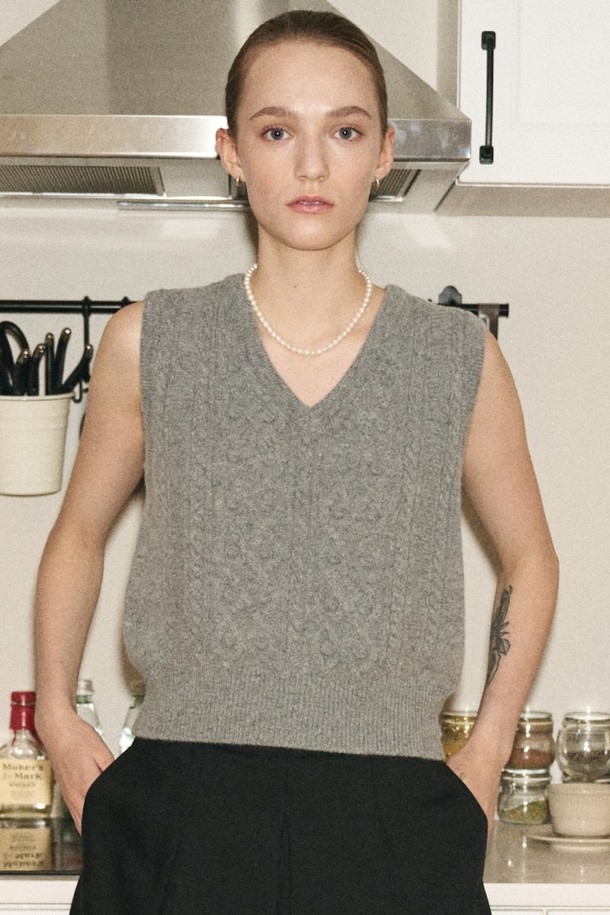 le abonne - 베스트 - CABLE V-NECK VEST_GREY