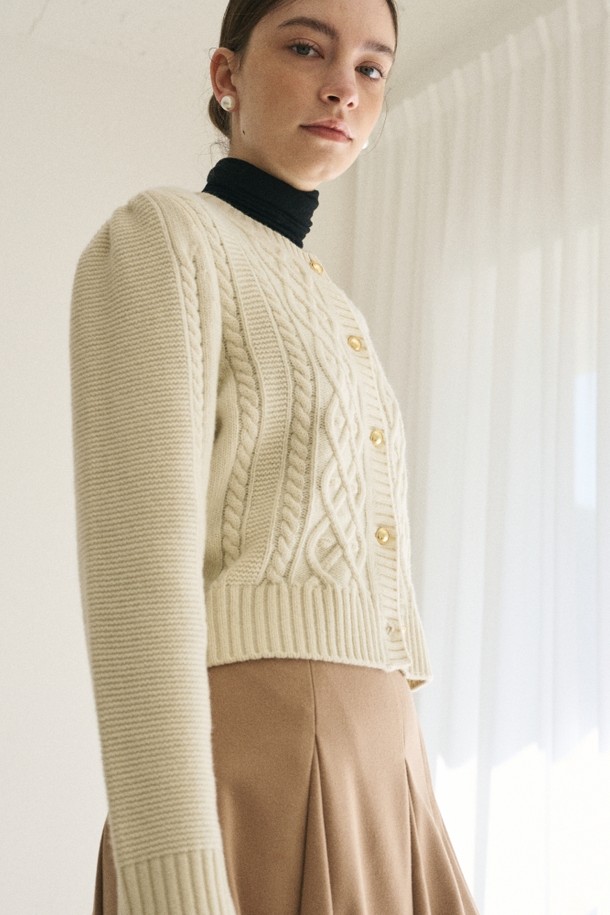 le abonne - 가디건 - WOOL CABLE ROUND KNIT CARDIGAN_IVORY