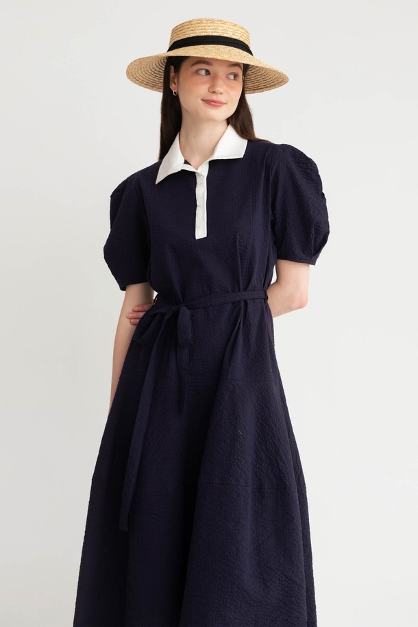 AMONG - 원피스 - A POINTED COLLAR LONG DRESS_NAVY