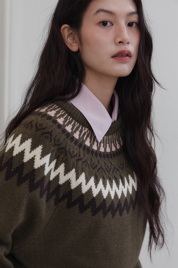 le abonne - 스웨터 - CREW NECK NORDIC KNIT_KHAKI BROWN