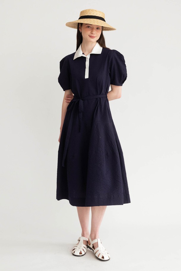 AMONG - 원피스 - A POINTED COLLAR LONG DRESS_NAVY