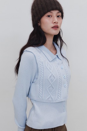 CABLE VEST COLLAR KNIT SET_POWDER BLUE