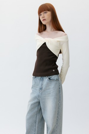 CO OFF SHOULDER COLOR MIX JERSEY TOP_BROWN