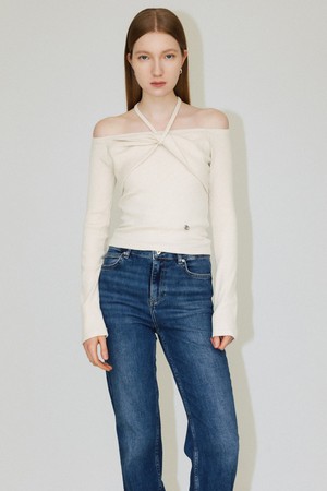 CO OFF SHOULDER STRAP JERSEY TOP_BEIGE