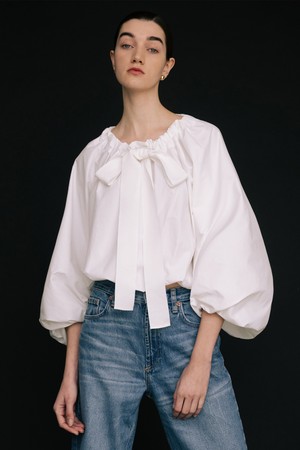 CO RIBBON TIE SHIRRING BLOUSE_WHITE