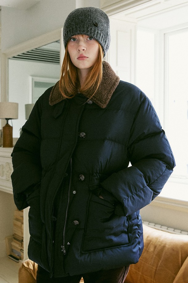 AMONG - 패딩 - A FUR COLLAR DUCK DOWN HALF PADDING NAVY