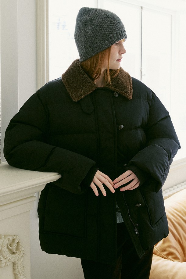 AMONG - 패딩 - A FUR COLLAR DUCK DOWN HALF PADDING NAVY