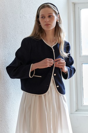 A COLLARLESS TWEED LINE JACKET_NAVY