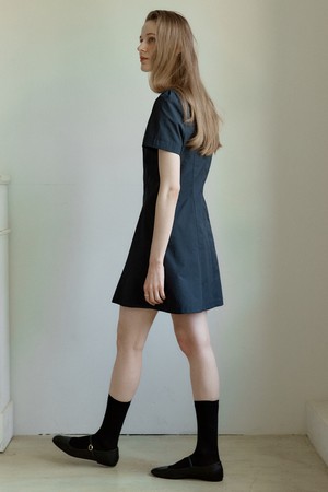 A PUFF SLEEVE NYLON MINI DRESS_NAVY