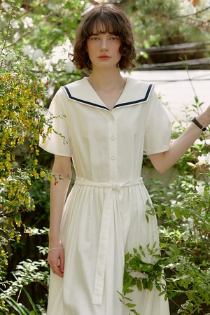 A SAILOR COLLAR PLEATS LONG DRESS_WHITE