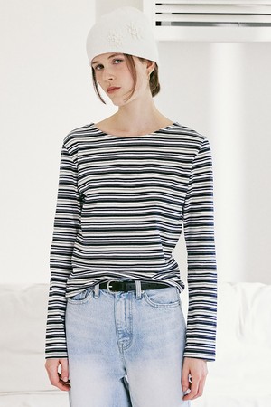 A STRIPE LONG SLEEVE T_NAVY