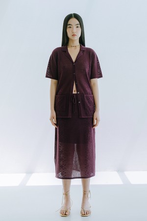 LINEN BLENDED CROCHET MID SKIRT_WINE