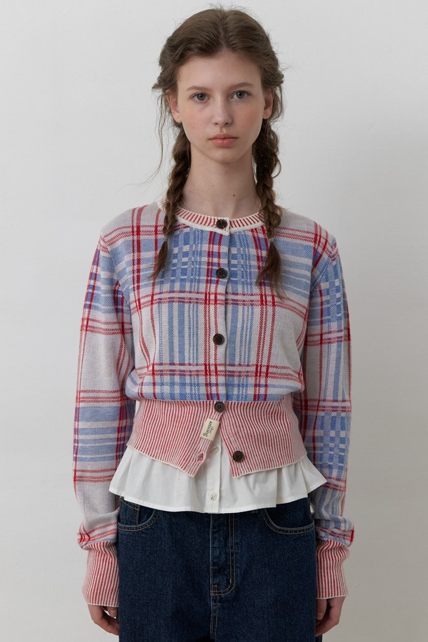 AMONG - 가디건 - A MIXED COLOR CHECK CARDIGAN_RED