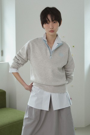 CASHMERE COTTON HALF ZIP-UP TOP_LIGHT GREY