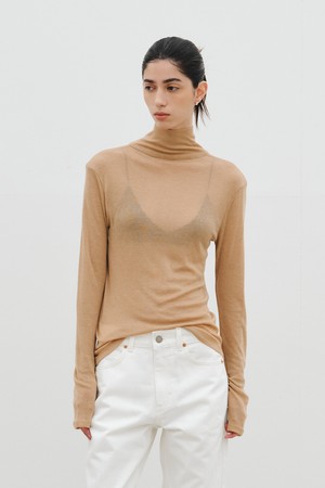 BUTTON-DOWN TURTLENECK TOP_CAMEL