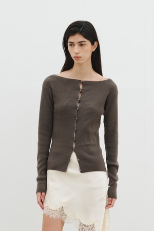BOAT NECK BUTTON CARDIGAN_DARK BROWN