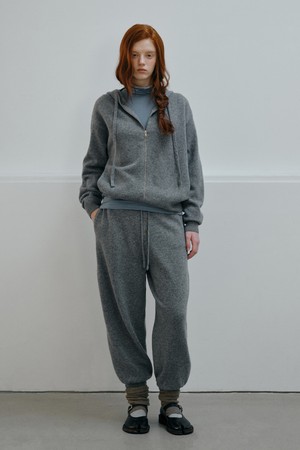 CASHMERE BLEND HOOD ZIP-UP TOP_GREY