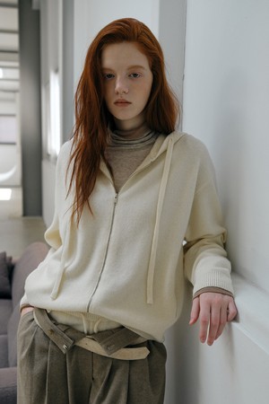 CASHMERE BLEND HOOD ZIP-UP TOP_OFF WHITE