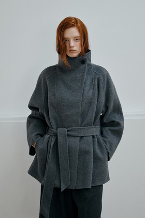 HANDMADE BELTED FUNNEL-NECK COAT_GREY