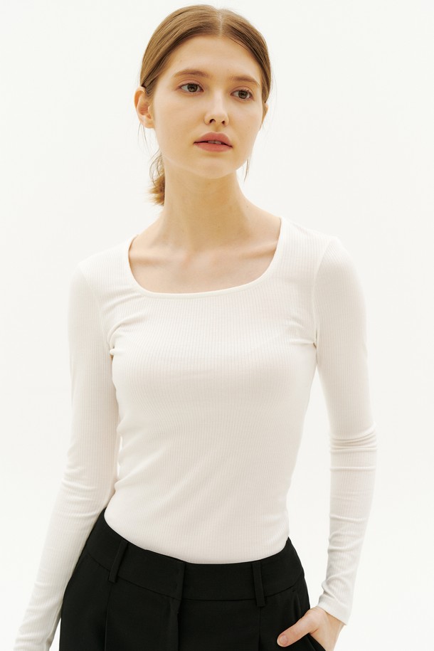 Le Soleil Matinee - 긴소매 티셔츠 - Modal Ribbed Square Neck T-Shirt[O/WHITE]