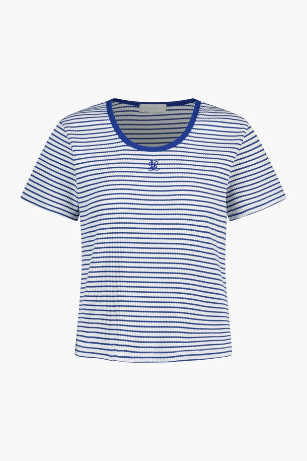 Le Soleil Matinee - 반소매 티셔츠 - Women Ribbed Stripe U-Neck Tee [BLUE]