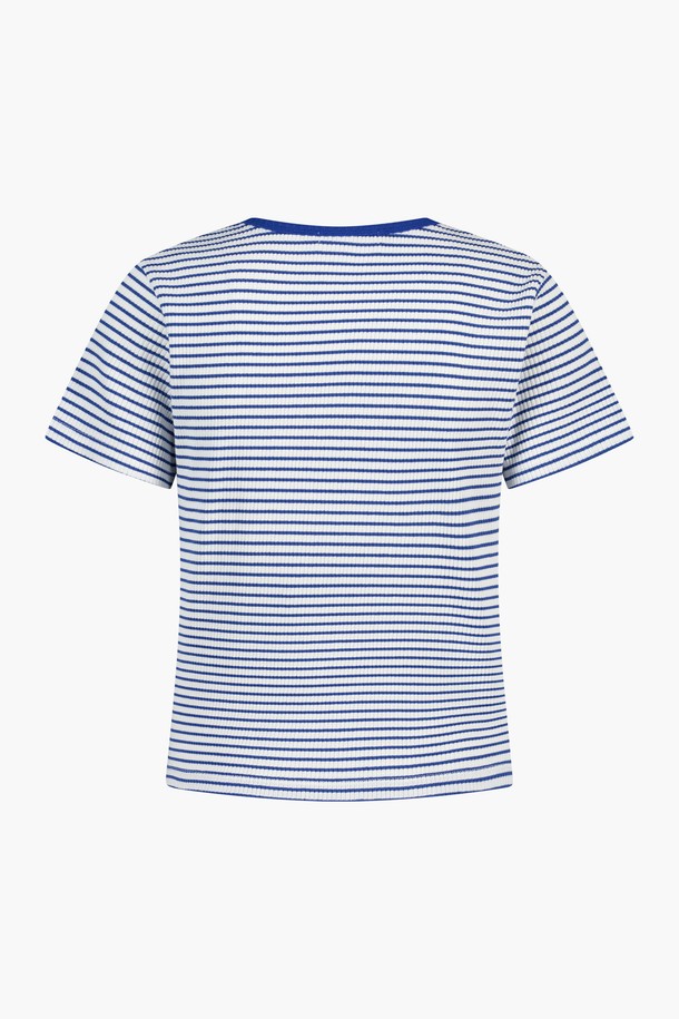 Le Soleil Matinee - 반소매 티셔츠 - Women Ribbed Stripe U-Neck Tee [BLUE]