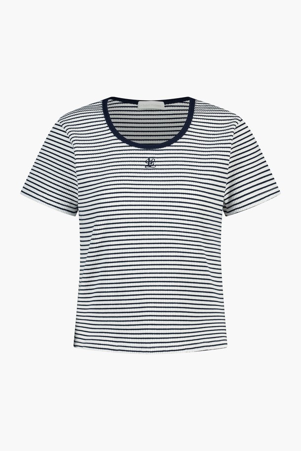 Le Soleil Matinee - 반소매 티셔츠 - Women Ribbed Stripe U-Neck Tee [NAVY]