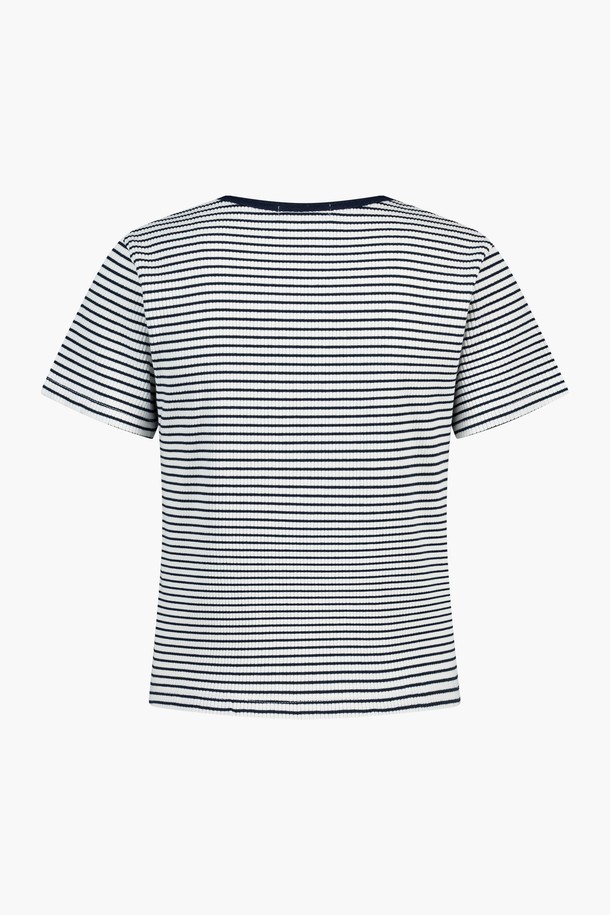 Le Soleil Matinee - 반소매 티셔츠 - Women Ribbed Stripe U-Neck Tee [NAVY]