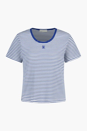 Women Ribbed Stripe U-Neck Tee [BLUE]