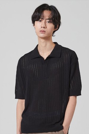 오픈 카라 펀칭 니트_블랙