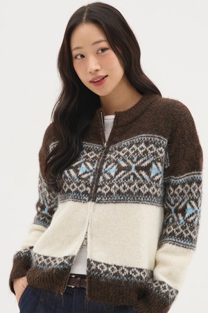 스노우 노르딕 투웨이 니트 집업_브라운