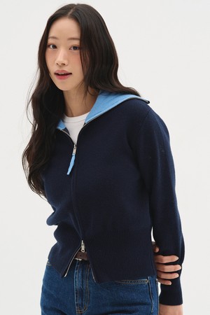 배색 투웨이 니트 집업 가디건_네이비