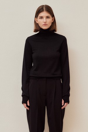 COVER STITCH WOOL JERSEY MOCK NECK TOP