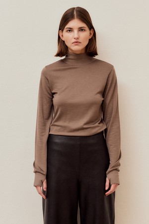 COVER STITCH WOOL JERSEY MOCK NECK TOP