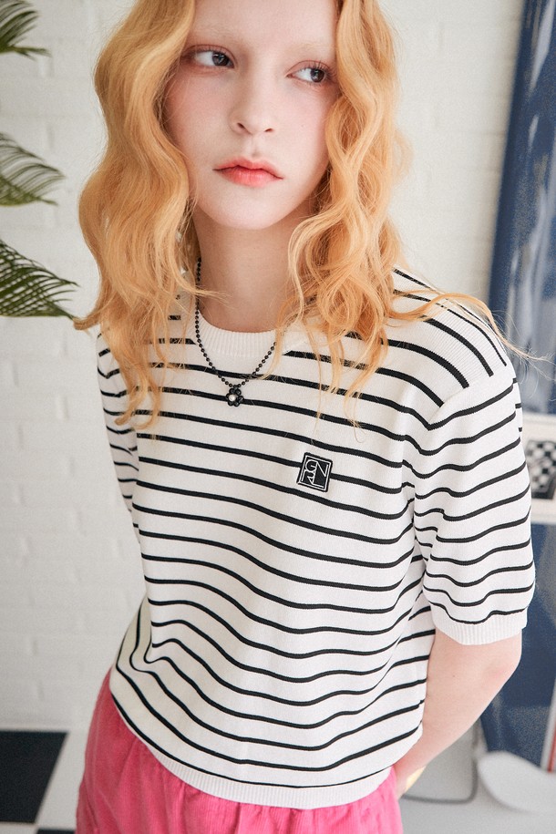 GENERAL IDEA - 반팔티셔츠 - [23SS] UNISEX GNRL 스트라이프 하프 니트 [WHITE] / SBC2U05023