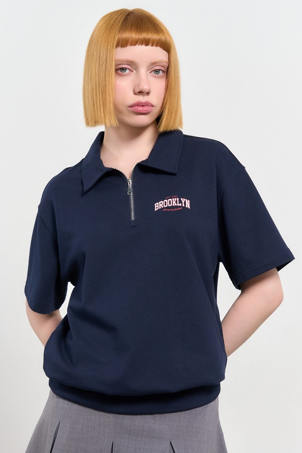 GENERAL IDEA - 반팔티셔츠 - [24SS] UNISEX 브루클린 미니 쭈리 카라 반팔 티셔츠 [NAVY] / SBD2U51043