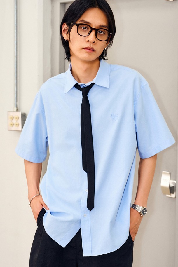 GENERAL IDEA - 반팔셔츠 - [24SS] UNISEX 베이직 옥스포드 하프 셔츠 [SKY BLUE] / SBD2U03003