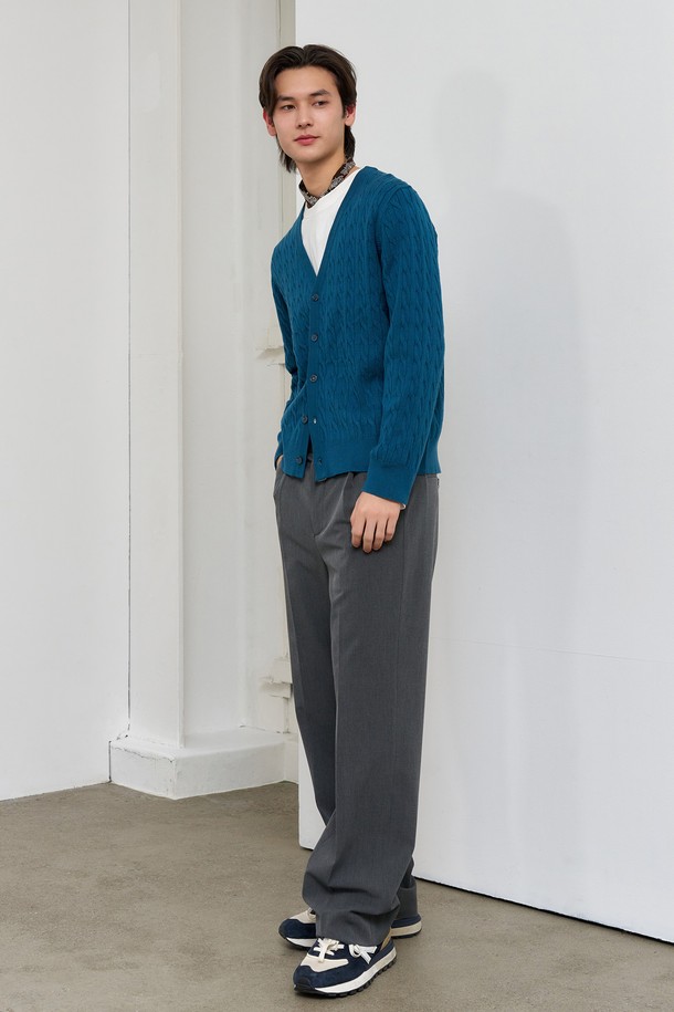 GENERAL IDEA - 가디건 - [25SS] MAN 에센셜 케이블 브이넥 가디건 [TEAL GREEN] / SBE1M04004