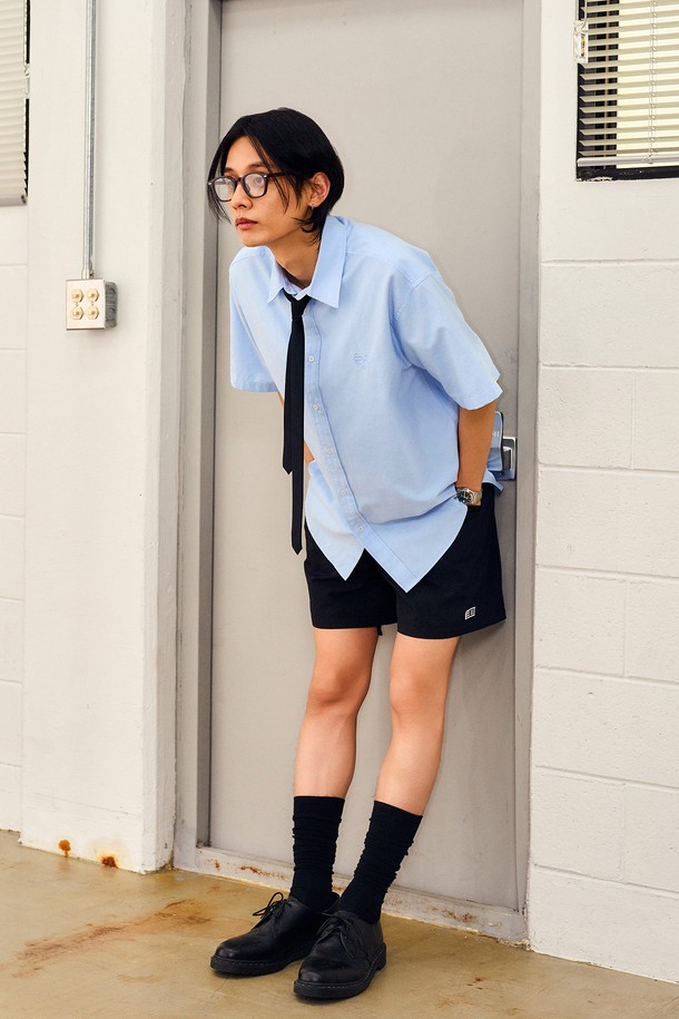 GENERAL IDEA - 반팔셔츠 - [24SS] UNISEX 베이직 옥스포드 하프 셔츠 [SKY BLUE] / SBD2U03003