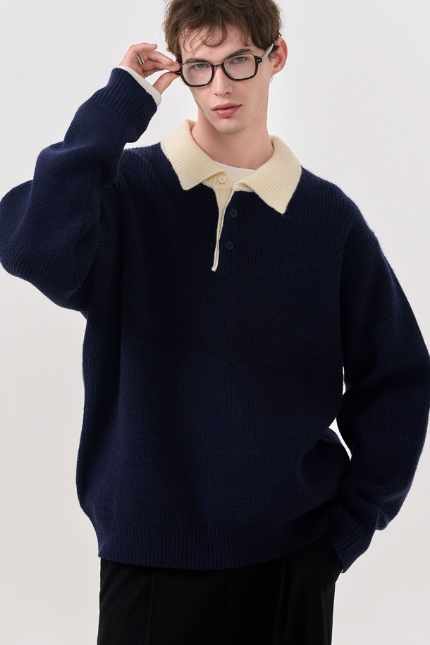 GENERAL IDEA - 스웨터 - [24FW] MAN 솔리드 럭비 폴로 니트 [NAVY] / SBD3M05007