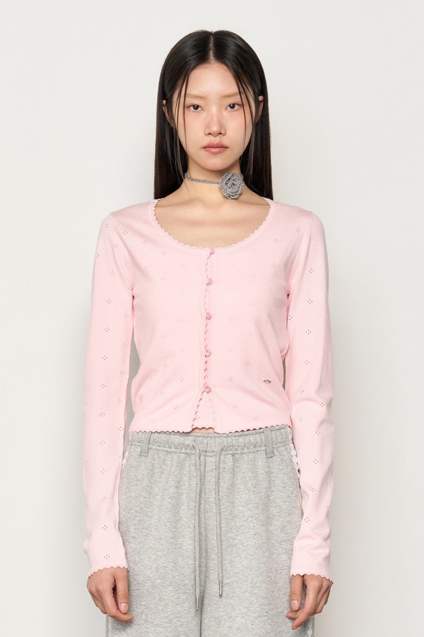 GENERAL IDEA - 가디건 - [25SS] WOMAN 펀칭 레이스 U넥 가디건 [PINK] / WBE1L44540