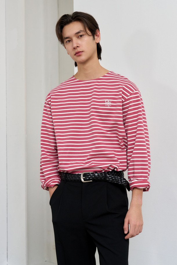 GENERAL IDEA - 긴팔티셔츠 - [25SS] MEN 롱슬리브 보더 티셔츠 [MAUVE PINK] / SBE1U01003