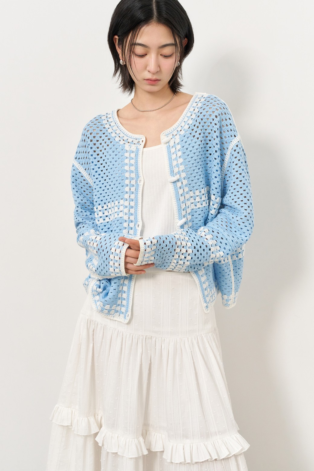 GENERAL IDEA - 가디건 - [25SS] WOMAN 크로셰 루즈핏 가디건 [SKY BLUE] / WBE2L04526