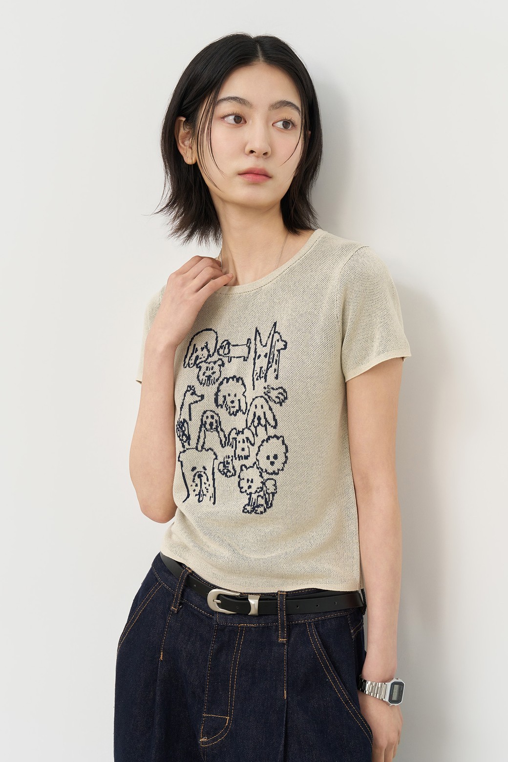 GENERAL IDEA - 스웨터 - [25SS] WOMAN 퍼피 프렌즈 자카드 하프 니트 [BEIGE] / WBE2L05539
