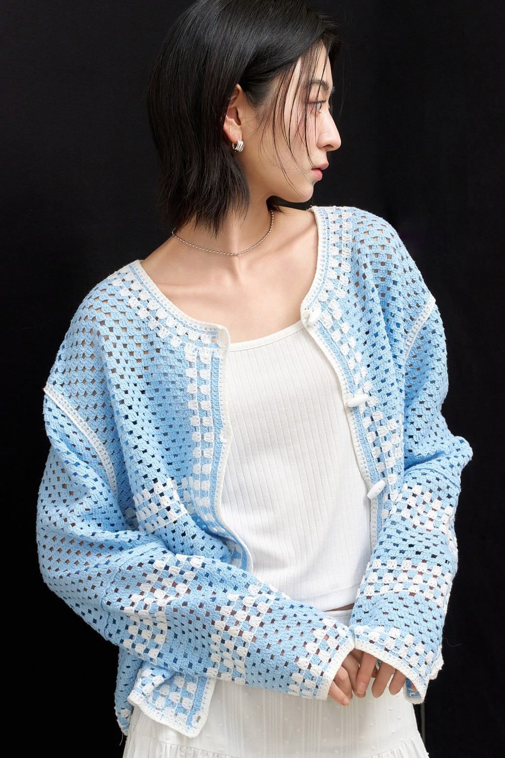 GENERAL IDEA - 가디건 - [25SS] WOMAN 크로셰 루즈핏 가디건 [SKY BLUE] / WBE2L04526