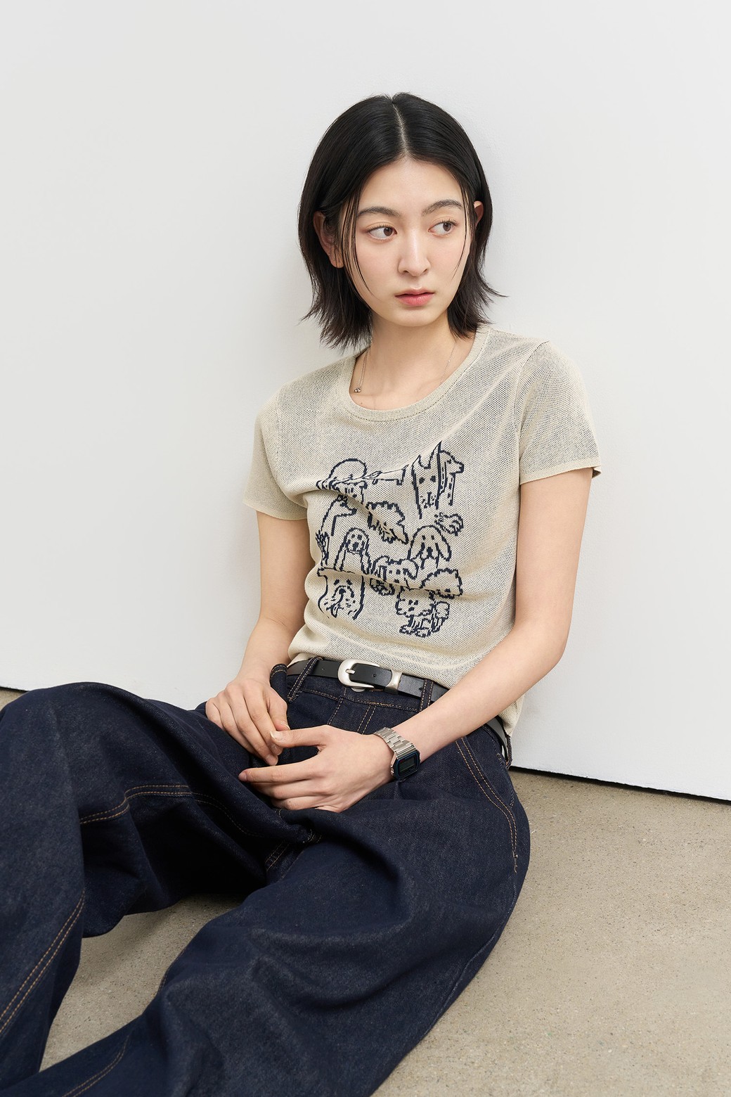 GENERAL IDEA - 스웨터 - [25SS] WOMAN 퍼피 프렌즈 자카드 하프 니트 [BEIGE] / WBE2L05539